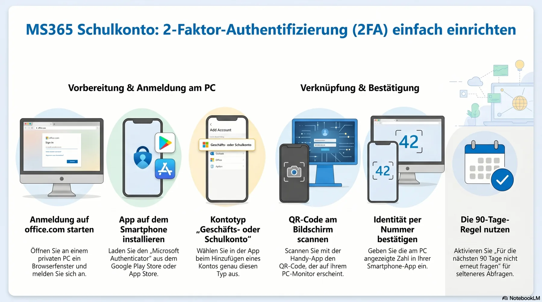 Anleitung in sechs Schritten: Anmeldung auf office.com starten, Microsoft Authenticator installieren, Kontotyp Geschäfts- oder Schulkonto wählen, QR-Code scannen, Identität per Nummer bestätigen und die 90-Tage-Regel nutzen.